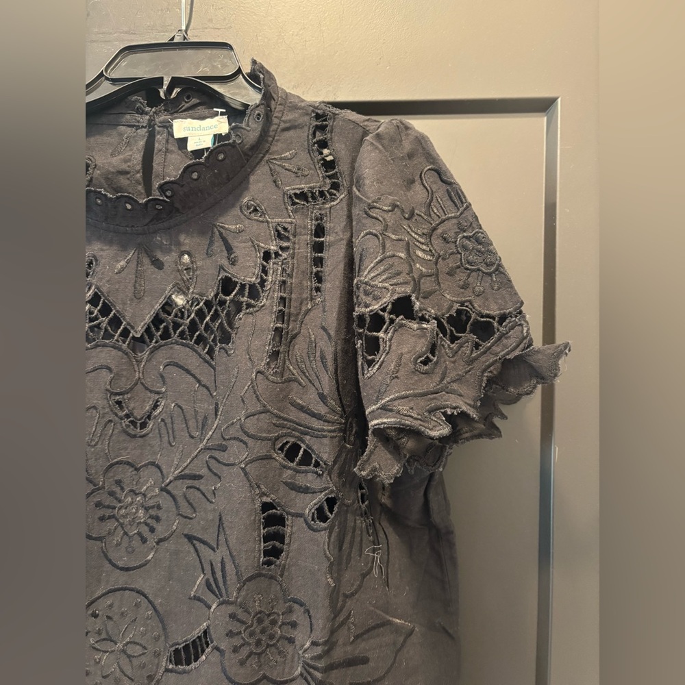 Sundance Ayre Lace Blouse Top Black Cutout Floral Ruffle Cotton Short Sleeve LG - Picture 7 of 13